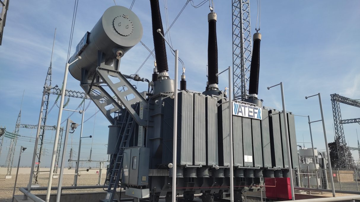 Power Transformer ATEF power transformer with high-voltage bushings at a substation
